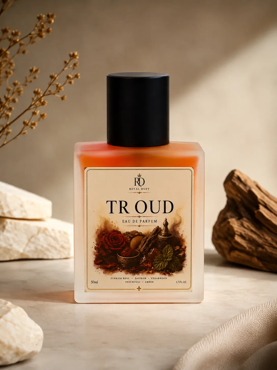 RoyalDuft TR OUD Eau de Parfum for men and women, 1.7 oz bottle with frosted glass packaging and rich oriental fragrance notes including oud, rose, and saffron.