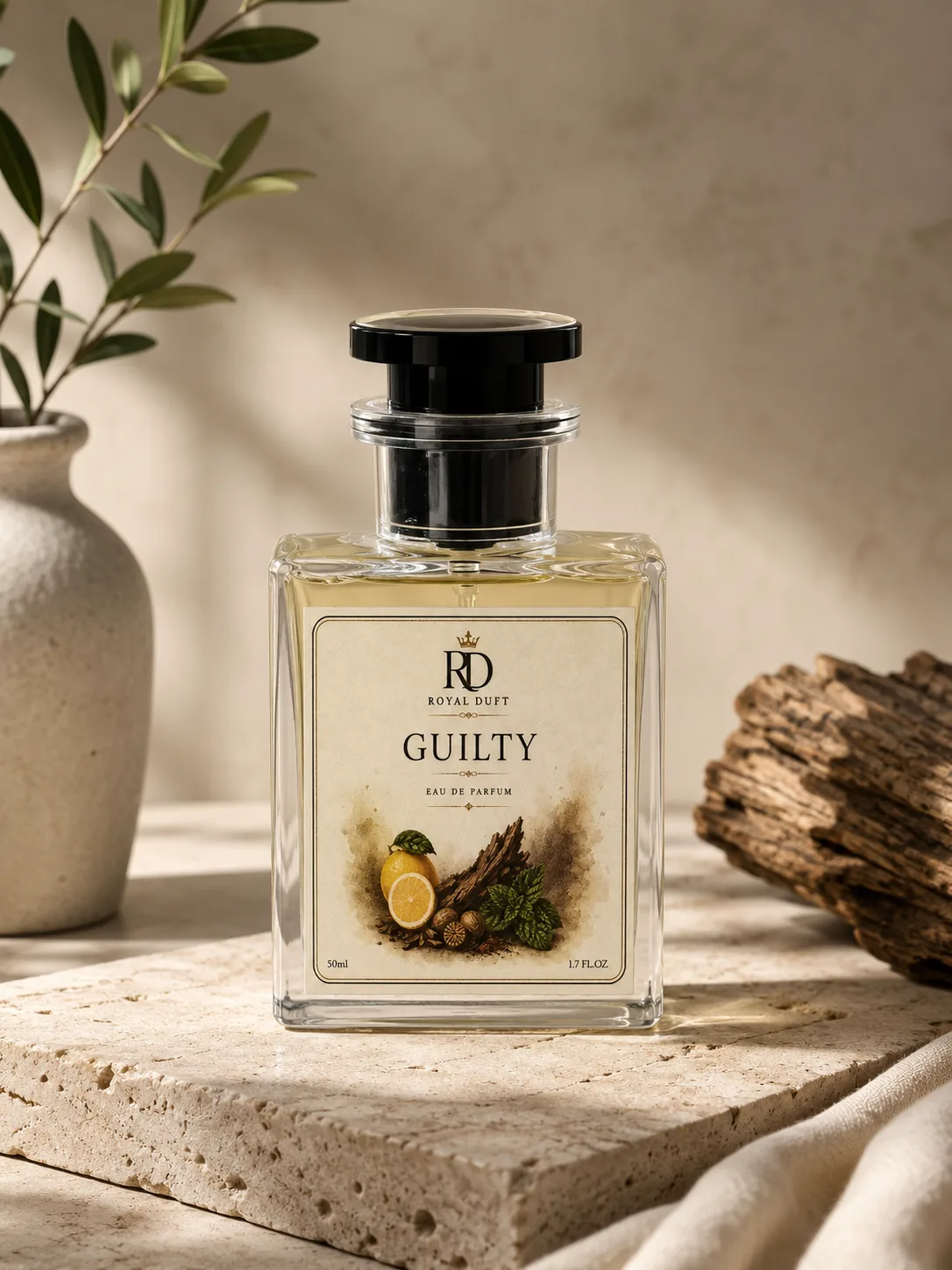 RoyalDuft GUILTY Eau de Parfum unisex fragrance, 1.7 oz clear glass bottle with zesty citrus and fresh mint notes, perfect for everyday wear.